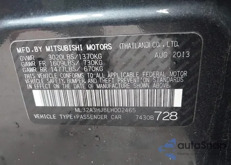 2014 Mitsubishi Mirage De из США, поврежденный, VIN ML32A3HJ8EH002465